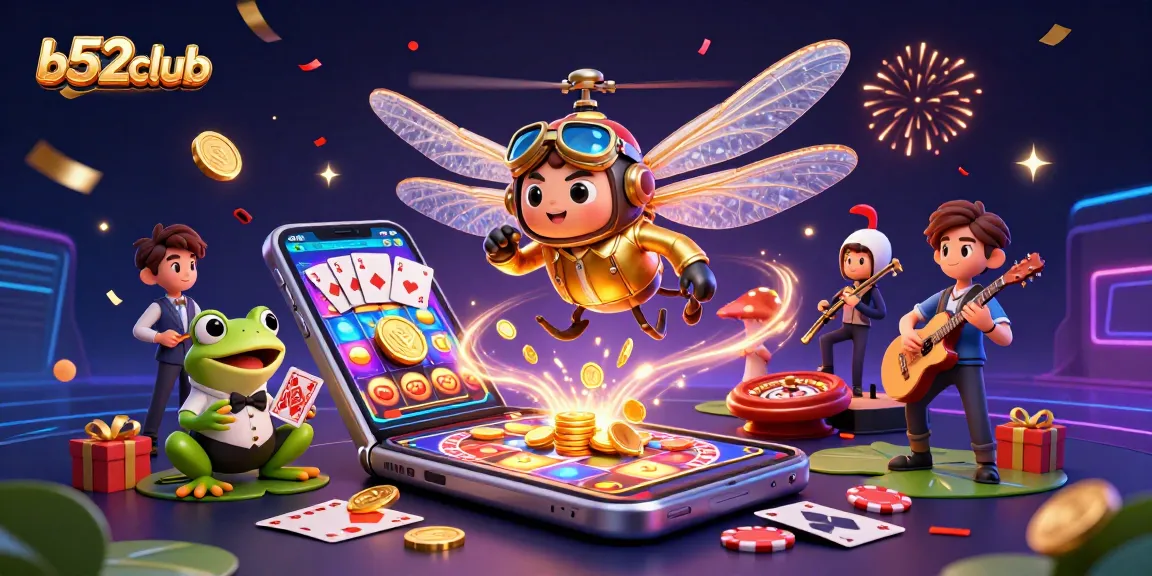 B52club engages players in vibrant casino scenes while spinning slot reels and cards flutter in the air.