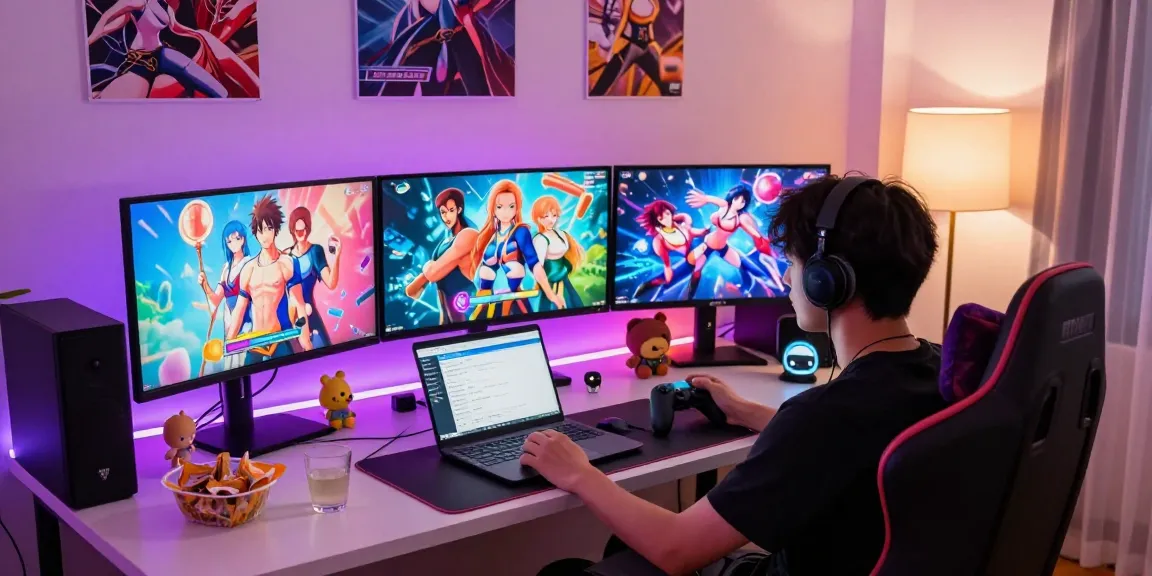 Play hentai games in a vibrant gaming setup with monitors and colorful lighting.