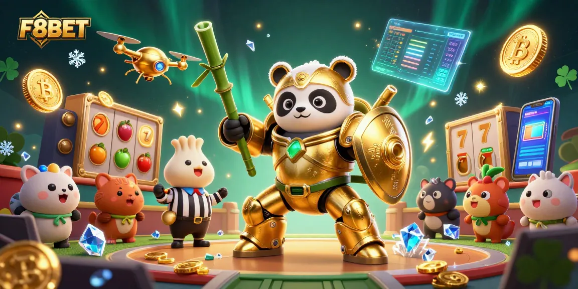 Engage with the exciting F8BET gaming universe, featuring dynamic slot symbols and vibrant crypto elements.