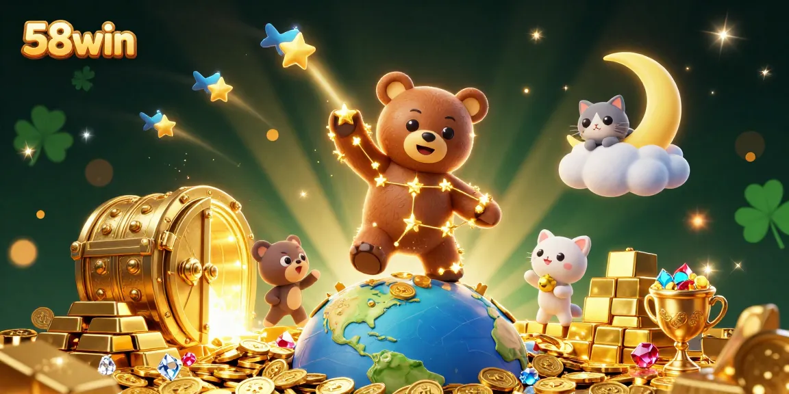 Experience the thrill of winning at 58win with treasure-themed 3D casino illustration featuring gold and gems.