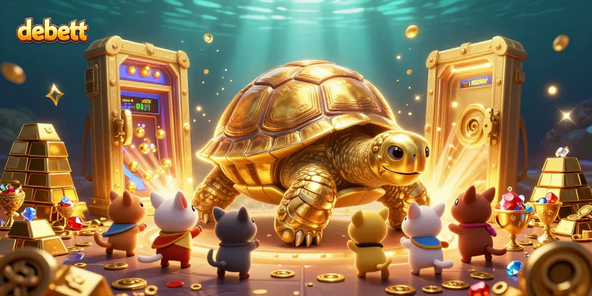 Experience debett's thrilling gaming with a golden tortoise pinball and treasure in a vibrant casino scene.