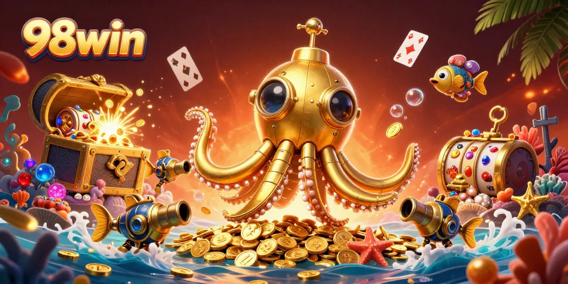 Play thrilling slots with 98win in this colorful 3D illustration of a dynamic casino scene.