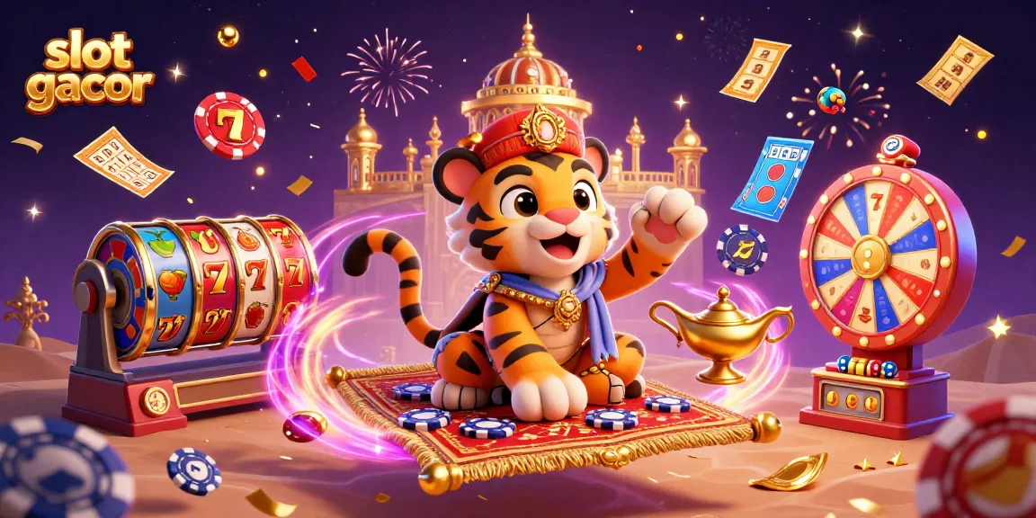Experience slot gacor excitement with colorful 3D reels, spinning symbols, and vibrant cash prizes in a festive atmosphere.