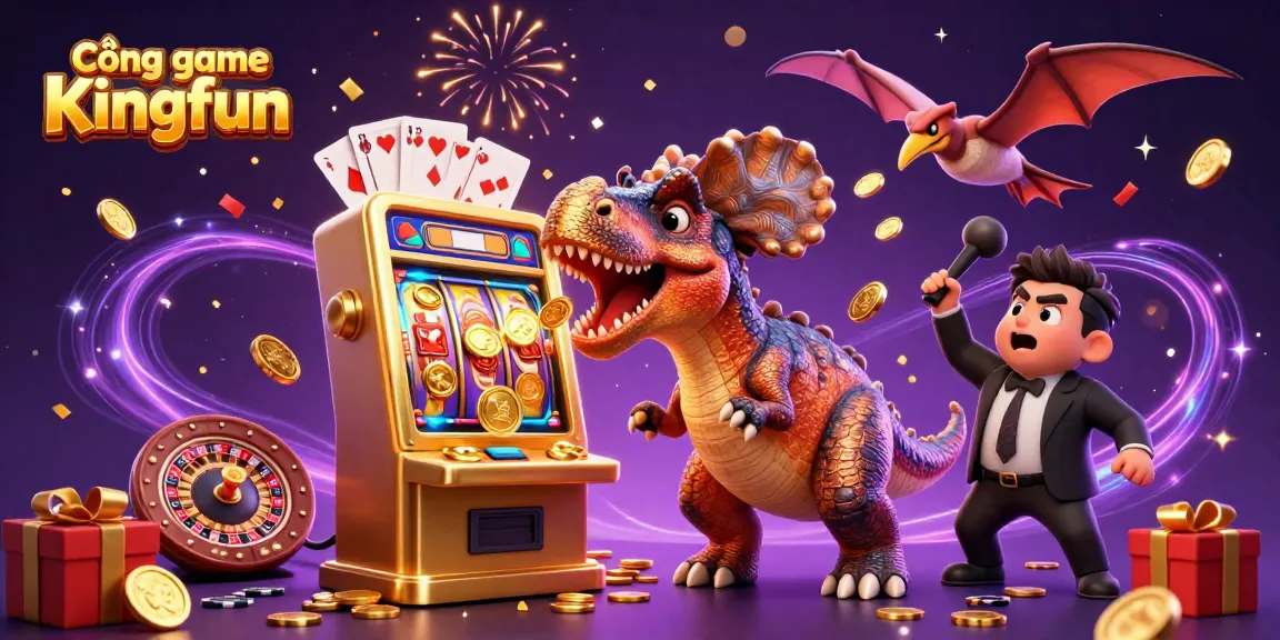 Cổng game Kingfun showcases a lively casino scene with dynamic characters and exciting game elements.