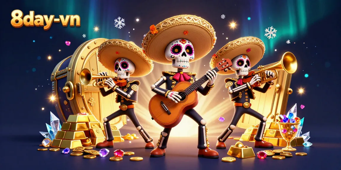 Experience the vibrant 8day-vn with skeleton mariachi band amidst a dazzling casino backdrop.