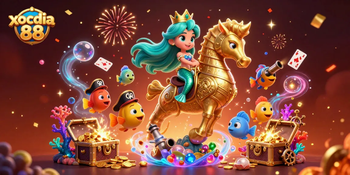 xocdia 88 features a vibrant casino scene with a mermaid princess and seahorse amid treasure and gaming elements.