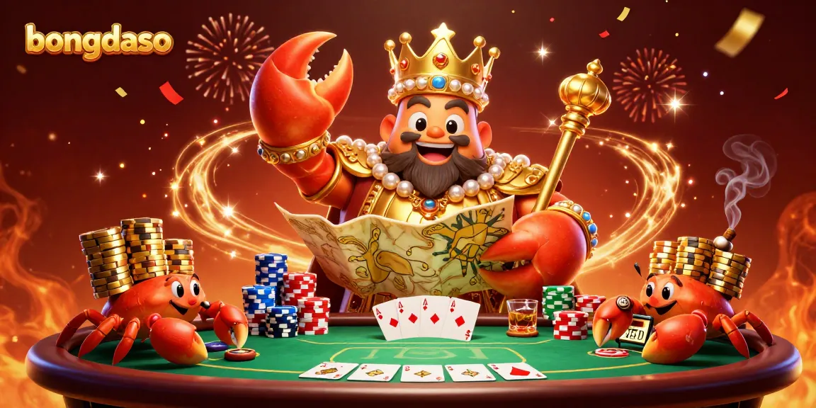 Bongdaso golden crab emperor oversees a festive poker scene filled with rich details and vibrant colors.