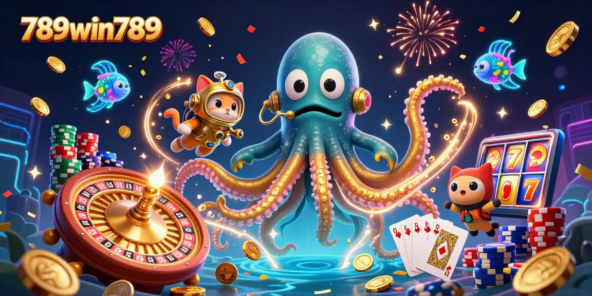 Engage with thrilling casino gaming at 789win789 featuring a kraken and diving cat amidst vibrant riches.
