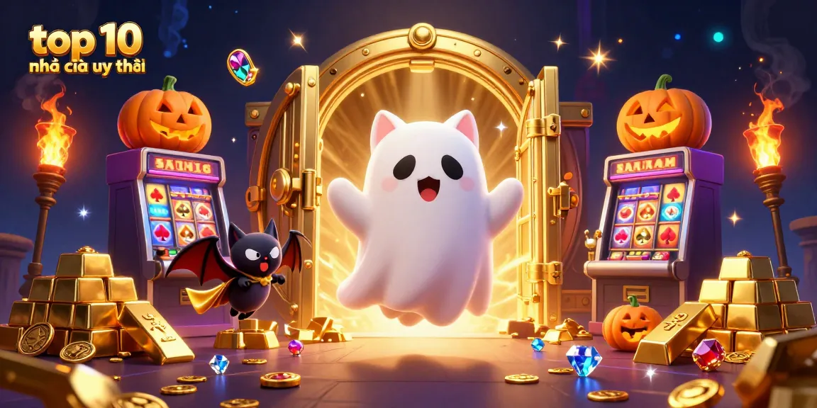 A friendly ghost cat in a haunted casino revealing top 10 nhà cái uy tín amidst glowing jack-o-lanterns and riches.