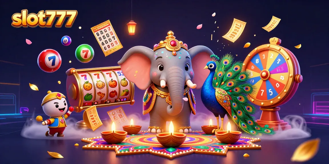 Experience thrilling games with slot777, featuring a vibrant elephant and dynamic casino elements.
