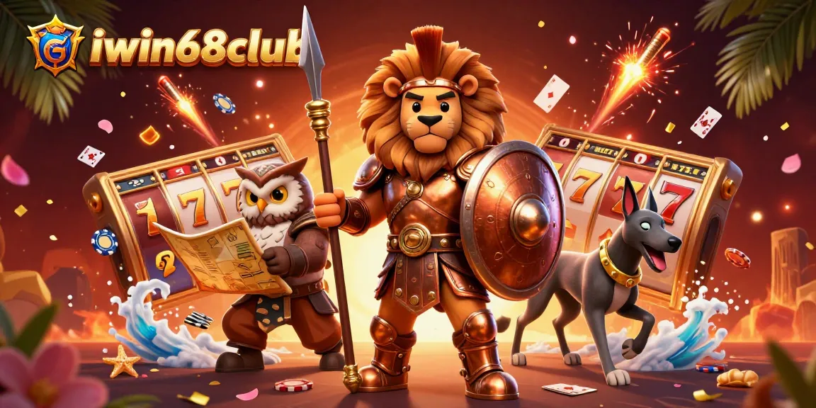 Experience exciting gameplay at iwin68club with a vibrant casino scene featuring a Spartan lion and gaming elements.