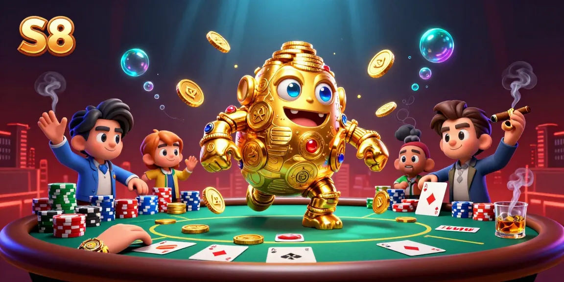 S8 casino adventure featuring a golden golem and vibrant poker elements in a dynamic illustration.