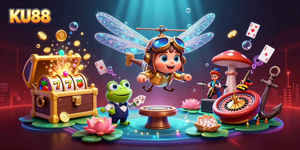 Spinning slot reels and a vibrant lily pad casino scene featuring KU88 characters and treasures.
