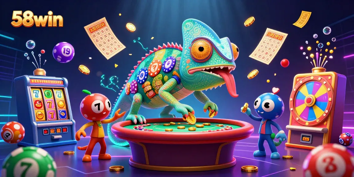 Engage with 58win’s lively casino illustration featuring colorful games, slots, and vibrant dynamic elements.