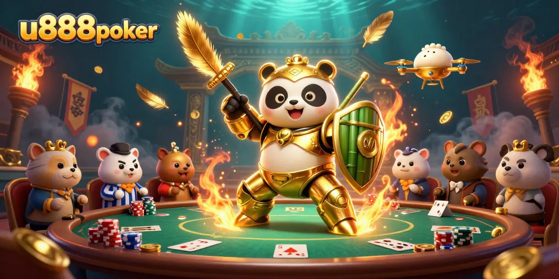 Engage with u888poker's vibrant poker-themed arena featuring dynamic characters and festive elements.