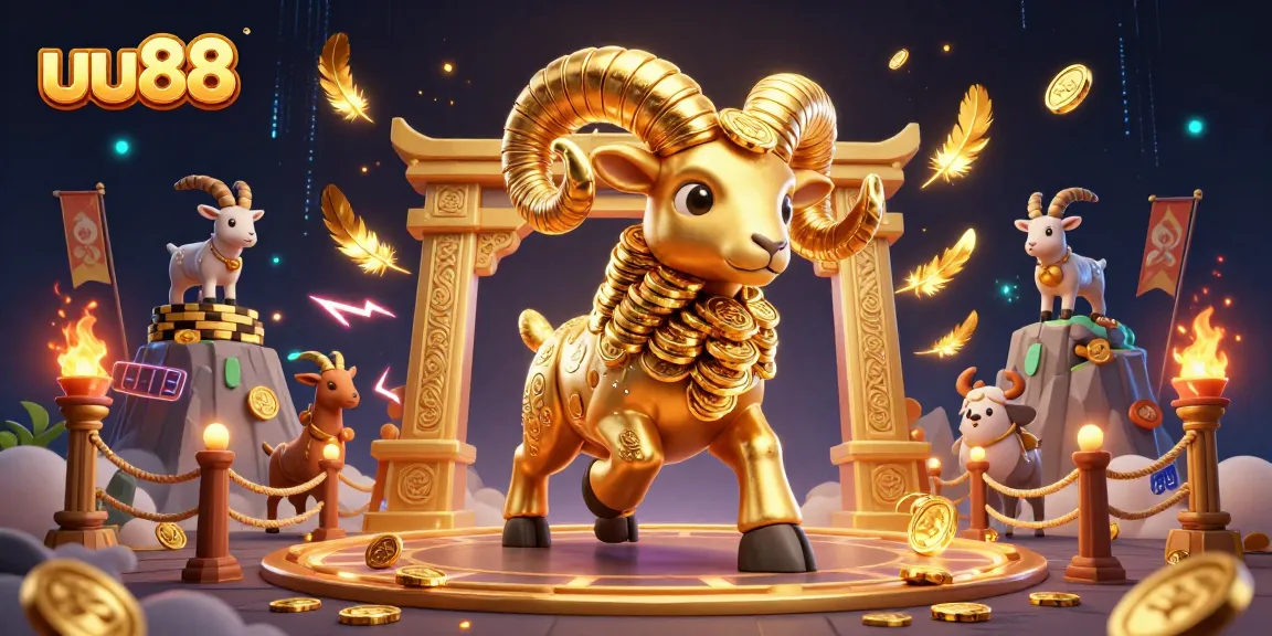 uu88 showcases an epic scene with a golden ram charging through a casino atmosphere filled with energy.