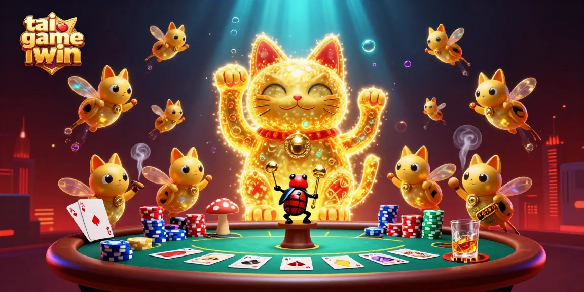 Play tai game iwin with a vibrant 3D illustration featuring a lucky cat and casino elements.