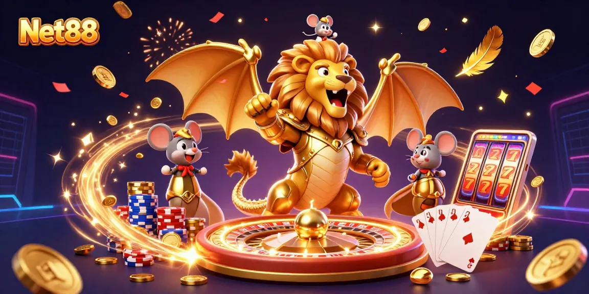 Engage in thrilling gameplay with Net88's dynamic 3D casino scene showcasing vibrant characters and games.