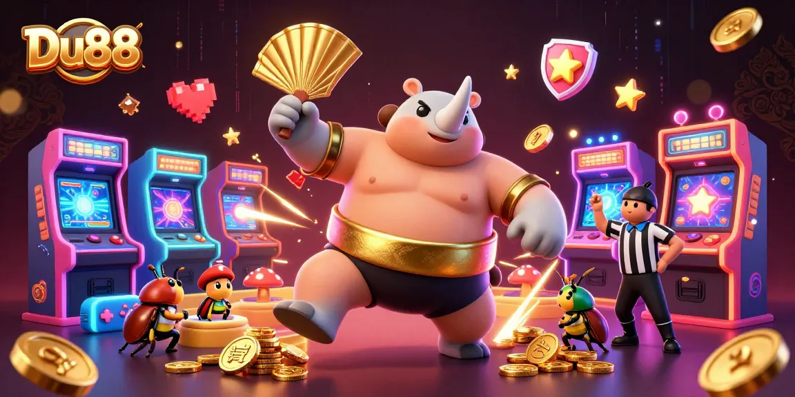 Enter the thrilling world of Du88 with a powerful beetle stomping gold coins in a vibrant casino arcade.