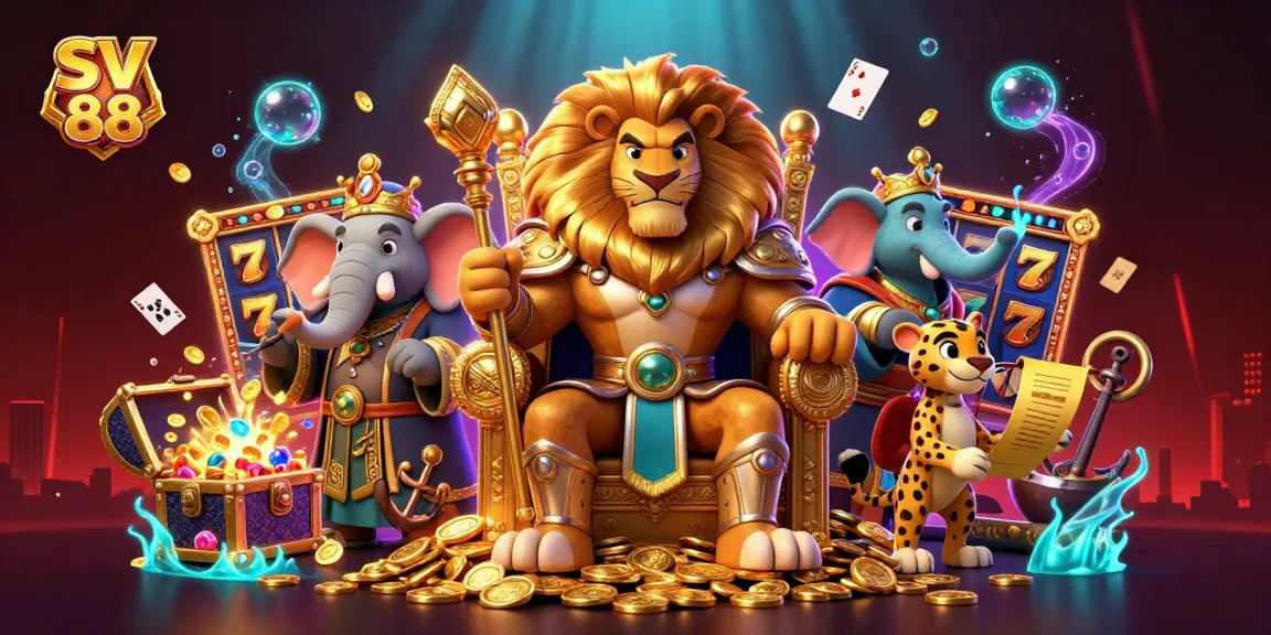 Play with SV88 in an exciting online casino scene featuring slots and royal characters.