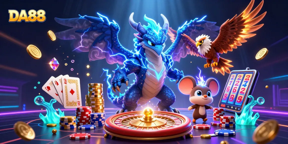 Engage with DA88, experiencing thrilling casino action with dynamic characters amidst vibrant slot symbols and golden rewards.