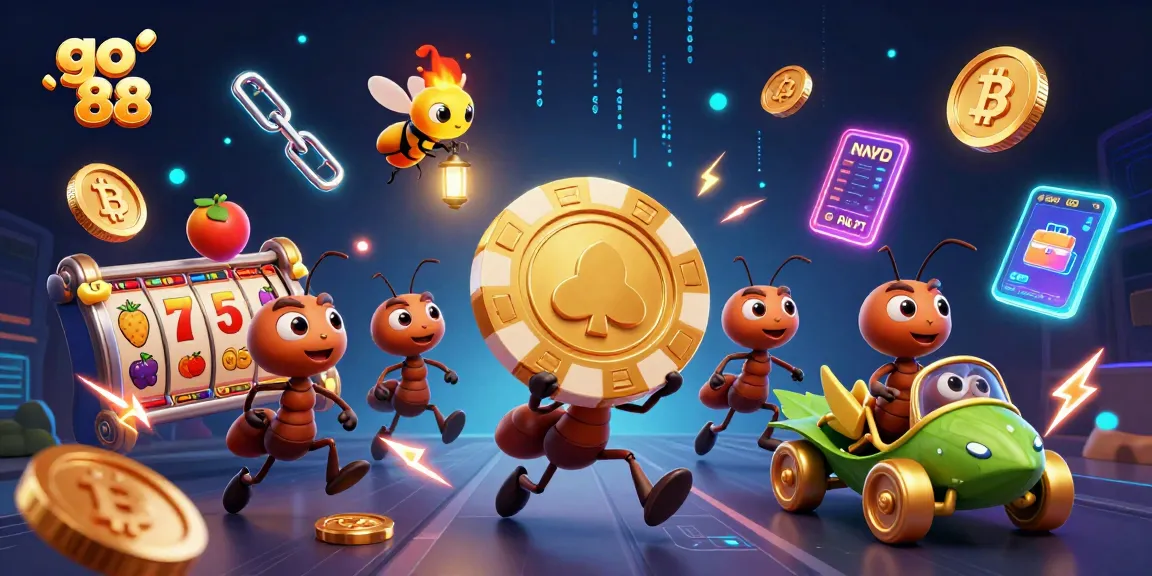 Go 88 ants heist gold poker chip in casino scene with crypto elements and vivid details.