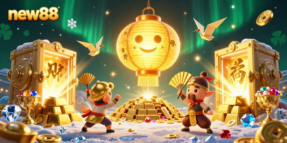 Experience new88's exciting casino action with a golden lantern spirit and treasure-filled scene