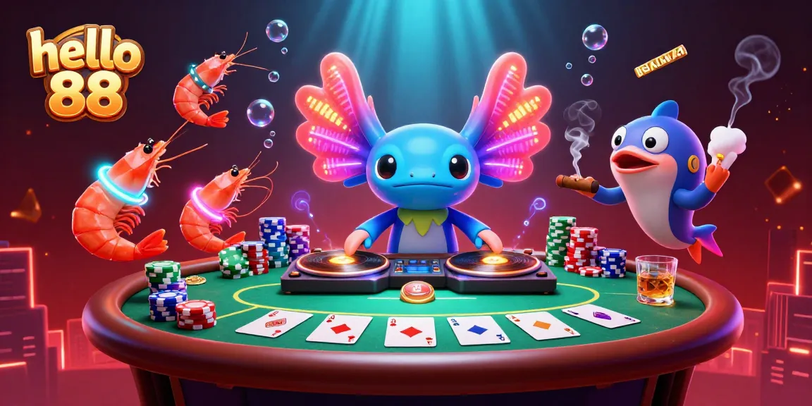 Play exciting games at hello 88 with vibrant axolotl DJ and lively characters enhancing the gambling experience.