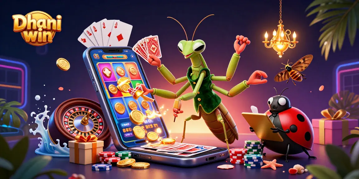 Dive into thrilling gameplay with Dhani win, featuring vibrant cards and coins erupting in a lively casino scene.