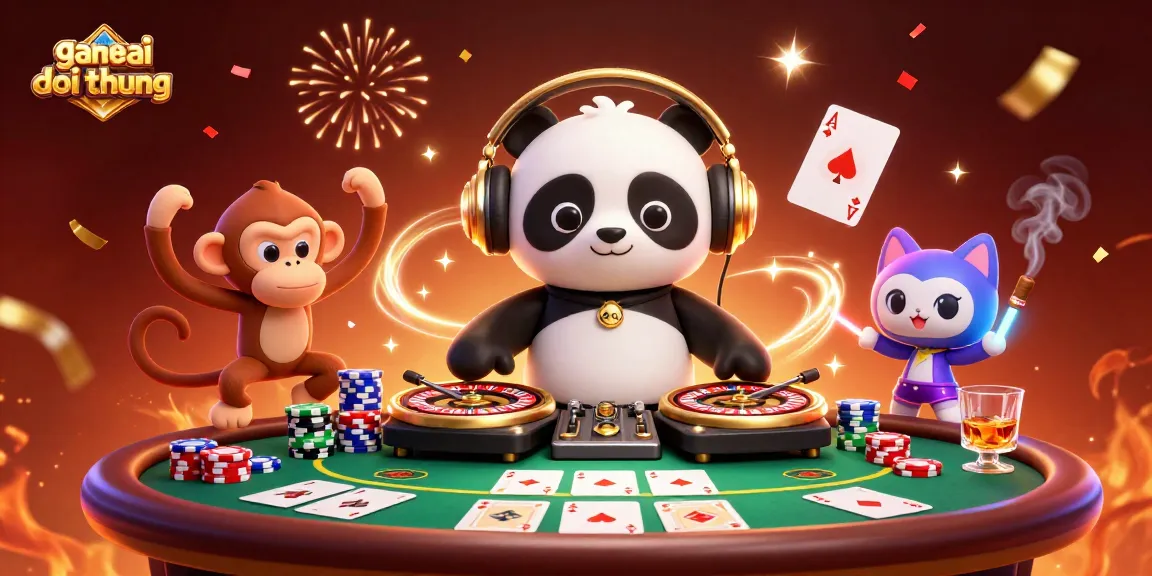 Engaging scene of game bai doi thuong gameplay with a DJ panda, monkey, and kitten celebrating wins with poker elements.