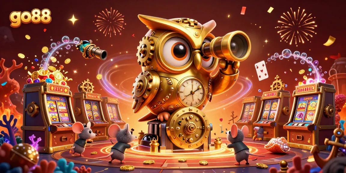 Spin and win at go88 with a magical casino scene featuring a golden owl and vibrant slot games.