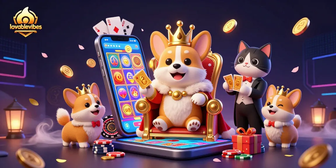 Charming scene depicting lovablevibes featuring a royal corgi, golden coins, and slot game action.
