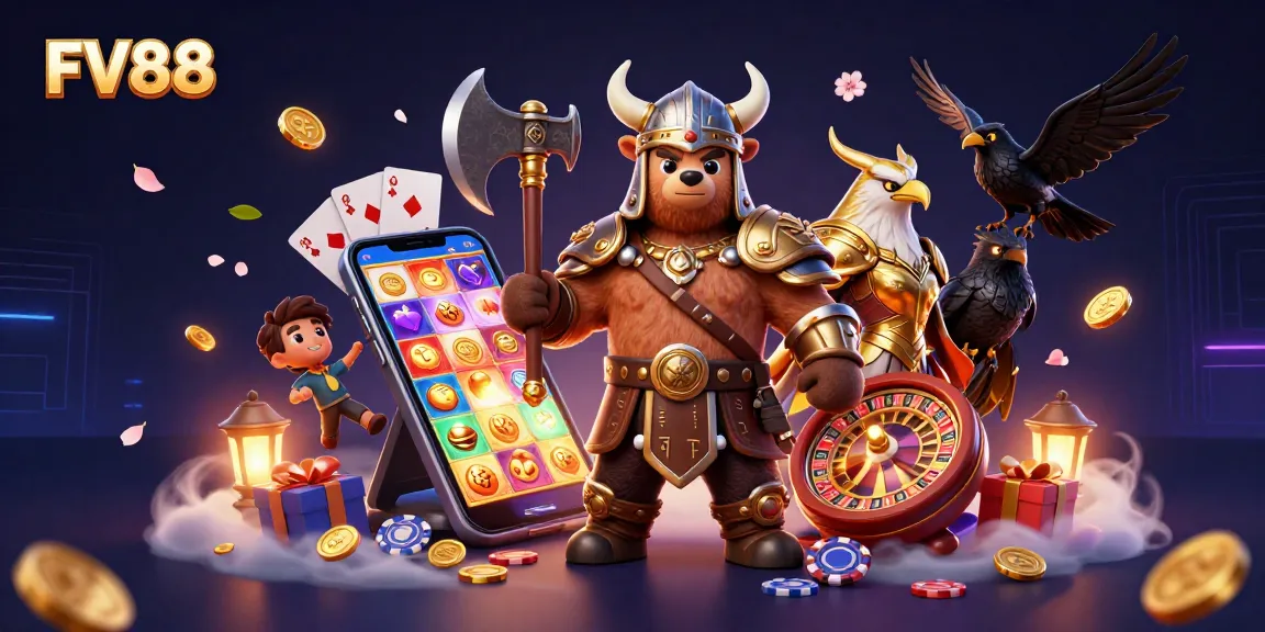 Engage in epic FV88 gaming adventures with a Viking berserker, Valkyrie eagle, and vibrant casino elements.
