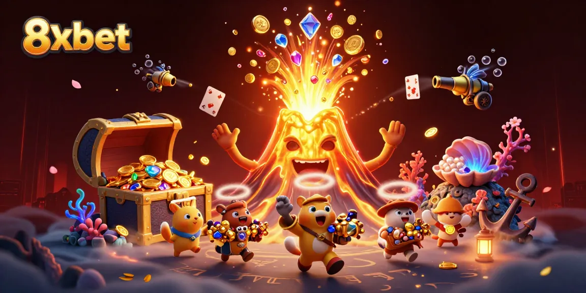 Experience thrilling wins with 8xbet at our online casino, featuring a dynamic treasure volcano scene.