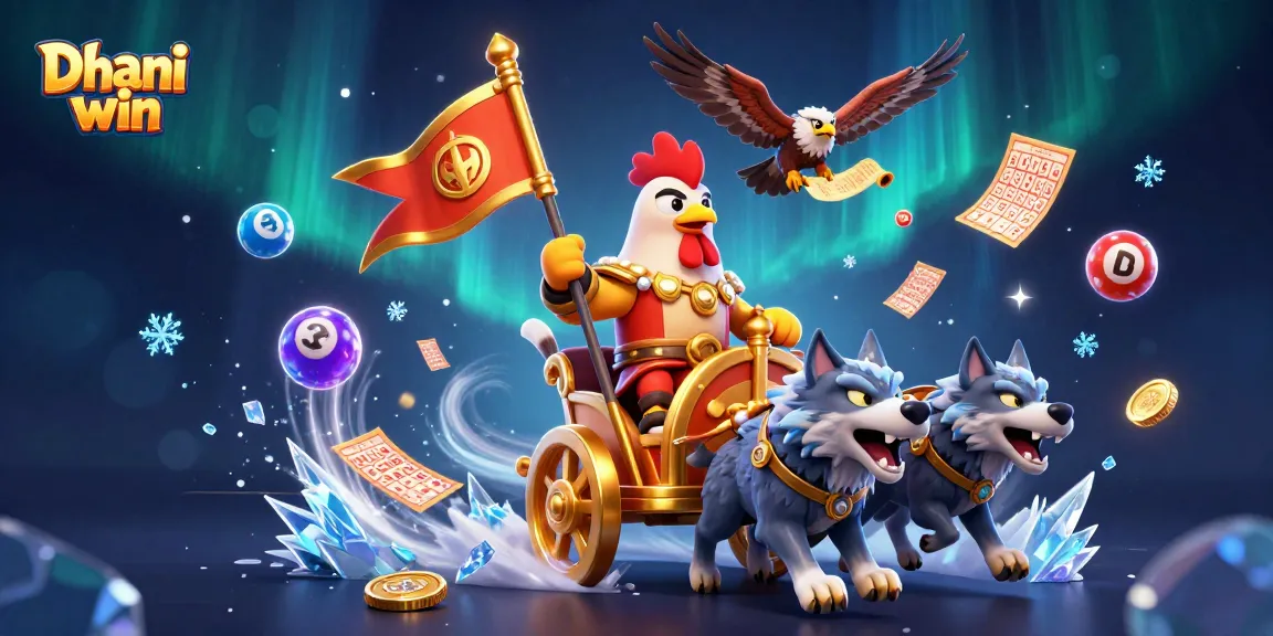 Dive into the thrilling world of Dhani win with a dynamic illustration featuring a rooster warlord leading exciting lottery games.