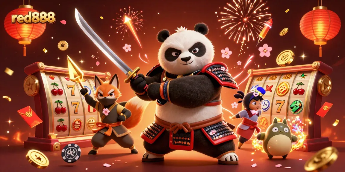 Join the excitement with red888 casino's 3D samurai panda and ninja fox in a vibrant gambling scene!