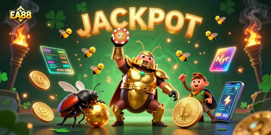 Win big with EA88 as Hercules beetle celebrates a jackpot surrounded by glowing crypto coins.