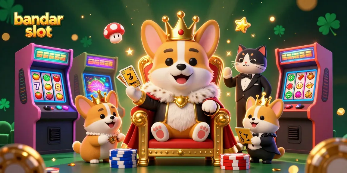 Experience vibrant bandar slot gameplay with royal corgi character surrounded by slot reels and arcade machines.