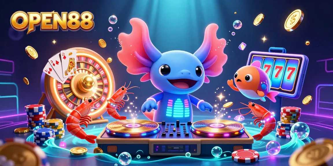 Experience the thrill of OPEN88 with a vibrant underwater casino scene featuring a neon axolotl DJ and dynamic game elements.
