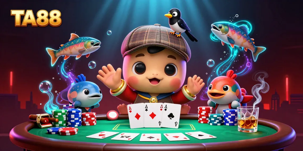 Engage in the excitement of TA88 with playful characters surrounding a vibrant poker scene.