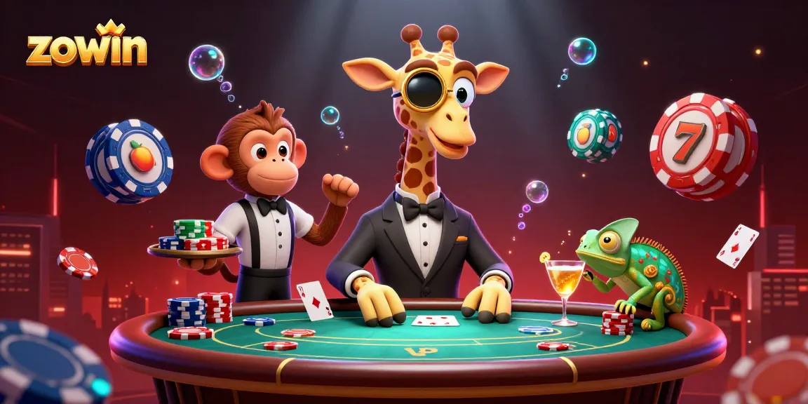 Zowin casino scene shows a high-roller giraffe and monkey valet amidst vibrant poker action.
