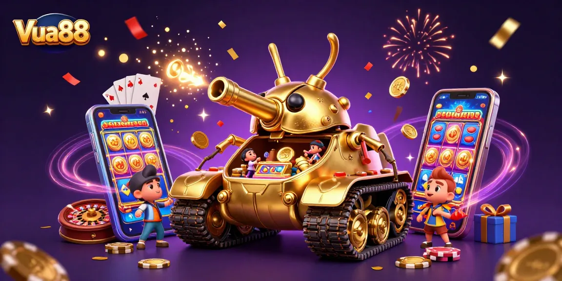 Experience the thrilling Vua88 casino adventure with a hyper-detailed 3D digital illustration showcasing excitement and vibrant game elements.