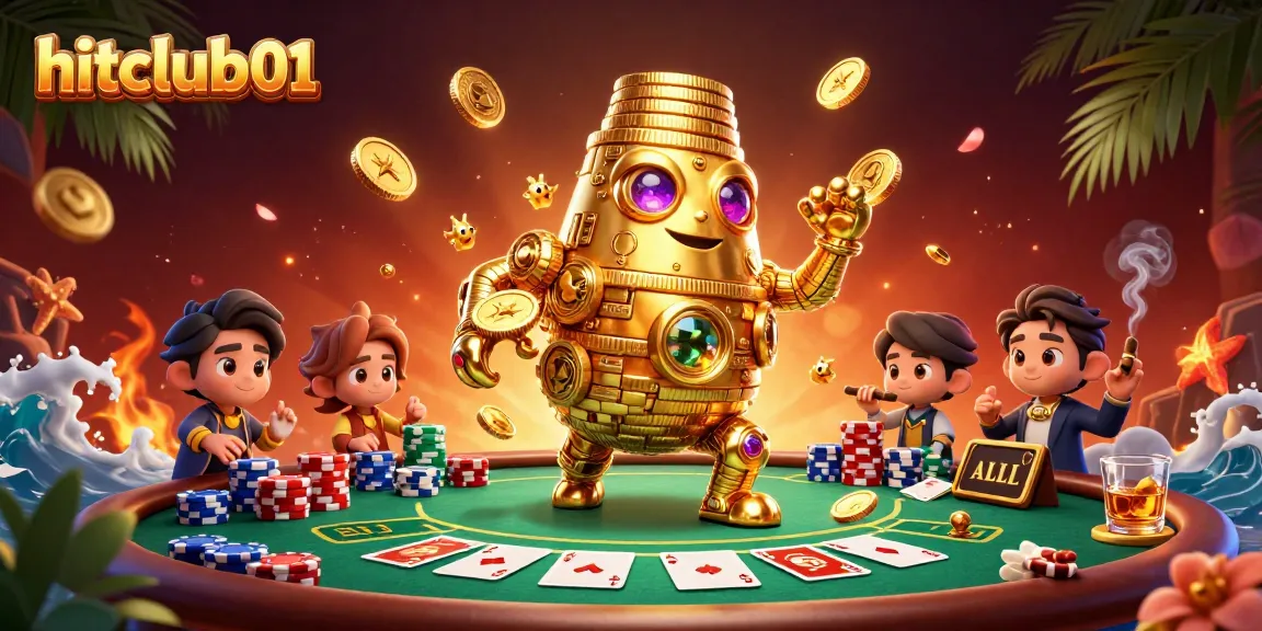 Engage with hitclub01's thrilling poker scene featuring a golden golem and vibrant game elements.
