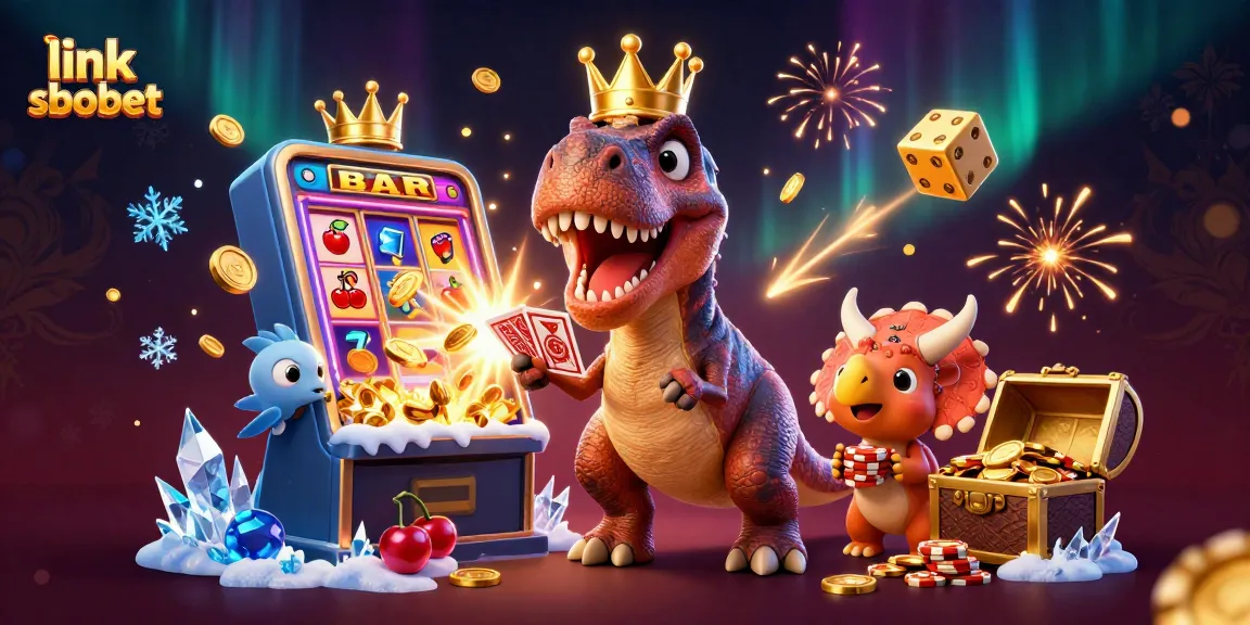 Bet on exciting games with link sbobet in this dynamic casino scene featuring playful dinosaur characters.