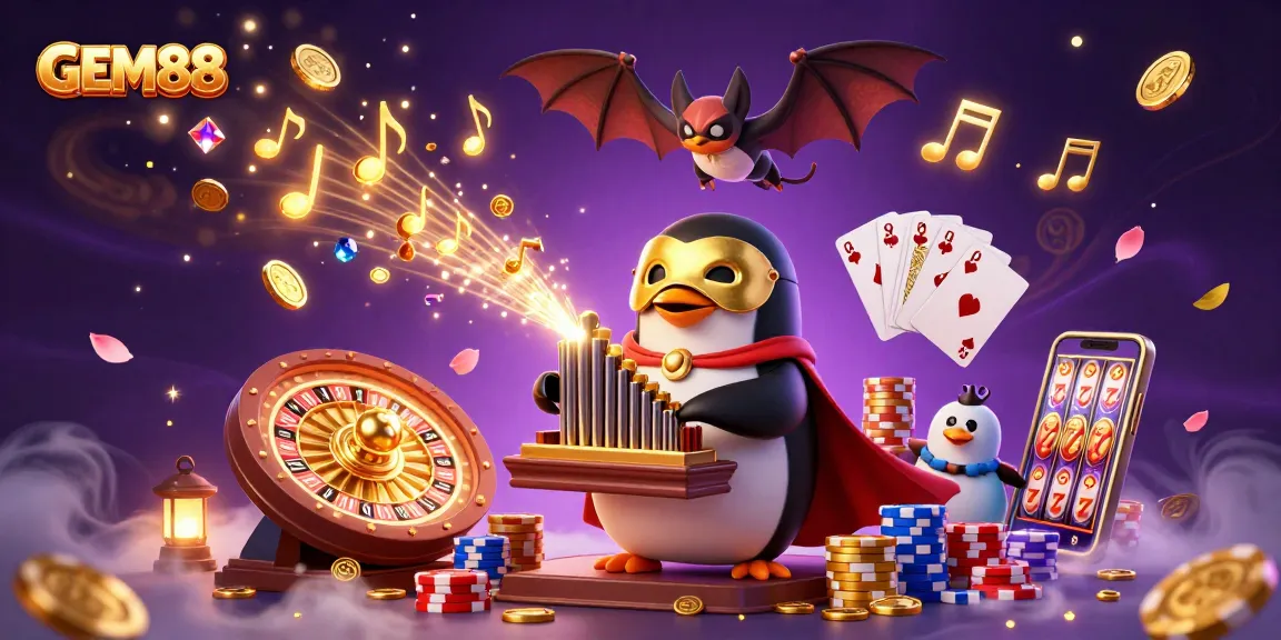 Experience GEM88 excitement with a cartoon penguin organist creating a dazzling casino atmosphere featuring gold coins and vibrant game elements.