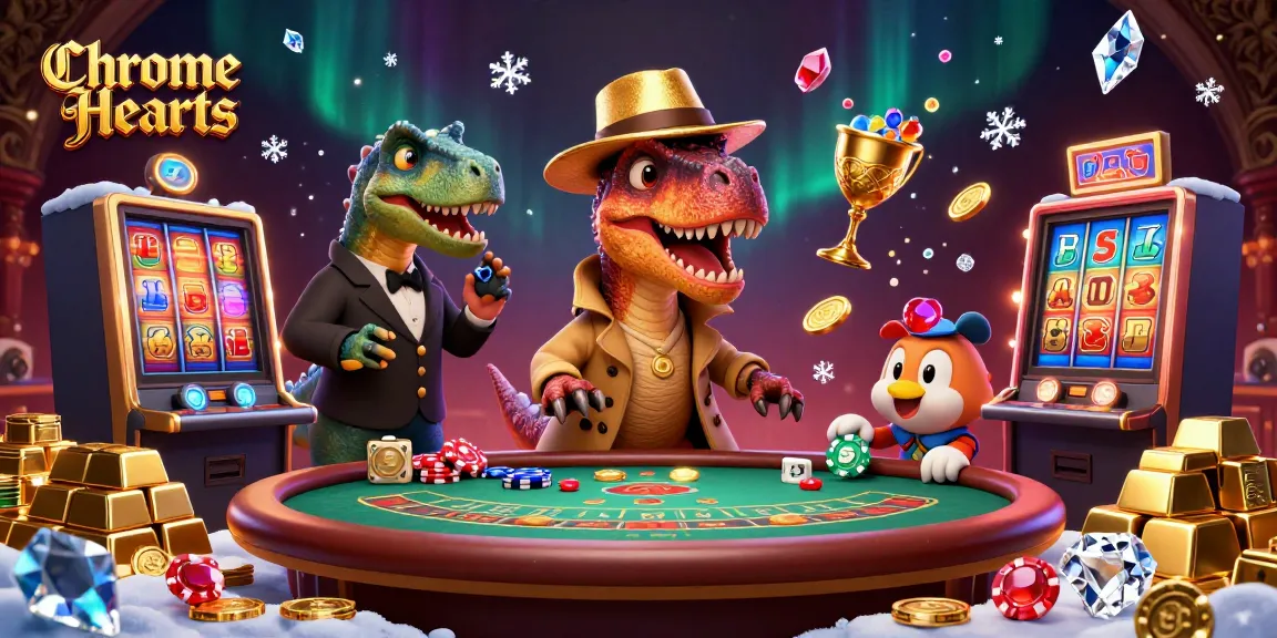 Chrome Hearts themed 3D illustration of a velociraptor card counter at a blackjack table in an opulent casino setting.