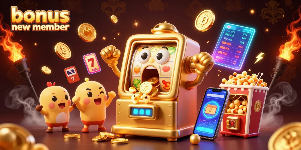 Bonus new member jackpot slot dengan mesin slot emas dan koin bersinar melimpah.