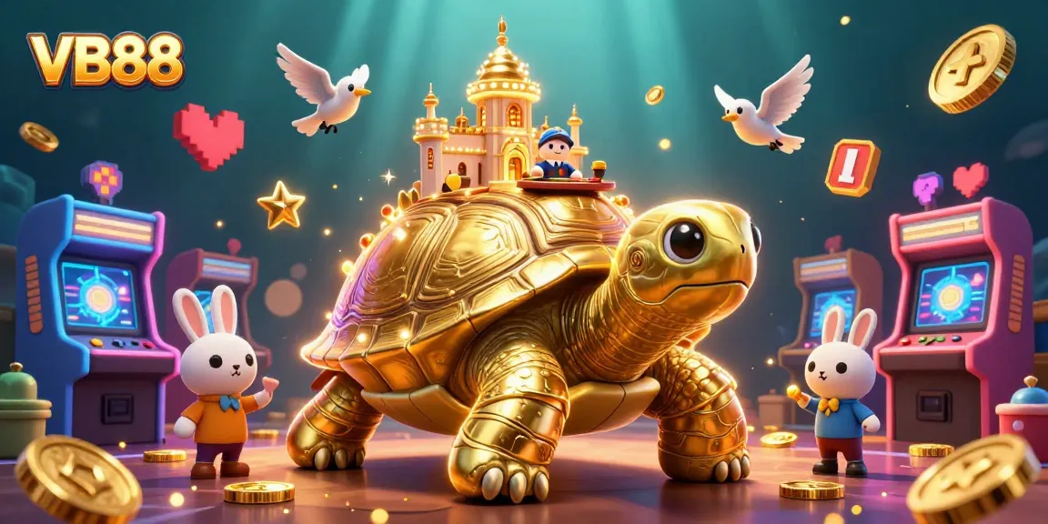 Experience exciting gameplay with VB88 as golden tortoises and a rabbit dealer create a vibrant casino scene.