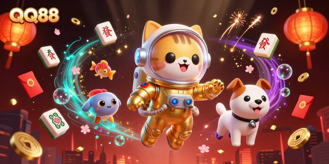 Engage with QQ88's thrilling casino experience featuring a vibrant astronaut cat and robot dog in a dynamic gambling universe.