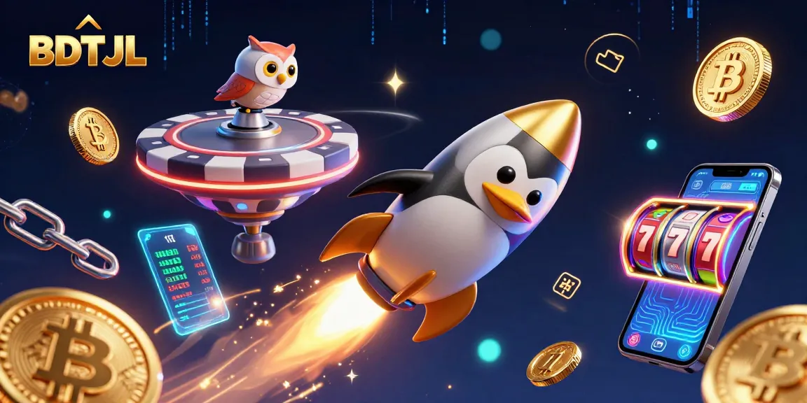 Engage with BDTJL through a vibrant 3D illustration of a penguin and crypto elements in a casino context.